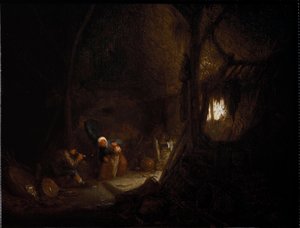 Bondefamilie i en låve (olje på lerret av Adriaen Jansz. van Ostade