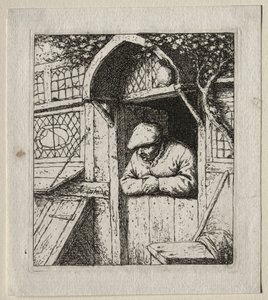 Bonde lener seg i døråpningen hans. av Adriaen Jansz. van Ostade