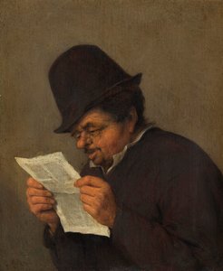 Gammel bonde leser et papir, ca. 1647 (olje på eik) av Adriaen Jansz. van school of Ostade