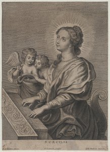 Saint Cecilia spiller orgel med to putti til venstre, ca. 1654-77.