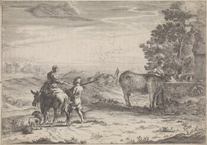Landskap med en kvinne som vanner en ku av Adriaen Oudendijck