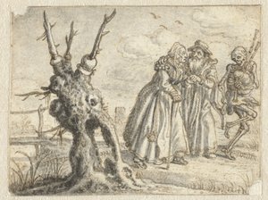 Eldre mann og kvinne følger villig døden og spiller sekkepipe av Adriaen Pietersz van de Venne