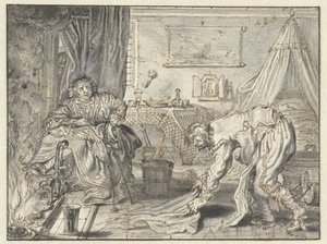 Mann som vasker gulvet mens hans kone sitter ved ildstedet av Adriaen Pietersz van de Venne
