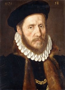 Portrett av en skjeggete herre, bystelengde, iført gullkjeder under en pelsfôret frakk, 1575