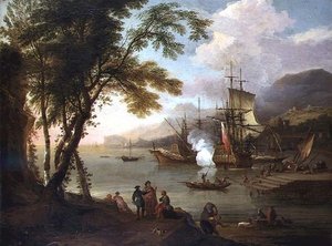 En capriccio av en middelhavshavn med skipsfart, kjøpmenn og havnearbeidere