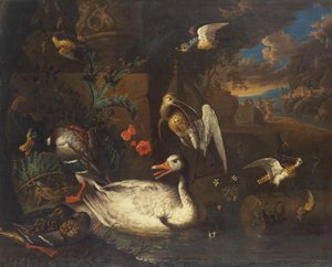Vill fugl i et landskap og figurer (olje på lerret) av Adriaen van Oolen