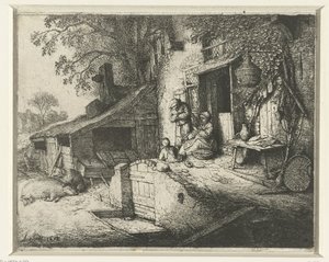Spinnende kvinne foran et hus Den snurrende kvinnen ved døren av Adriaen van Ostade (signed by artist)