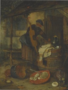 En hushjelp ved en dør med et fat og grønnsaker av Adriaen Jansz. van Ostade