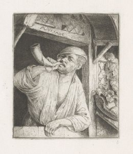 Bakker blåser i et horn i en døråpning av Adriaen van Ostade