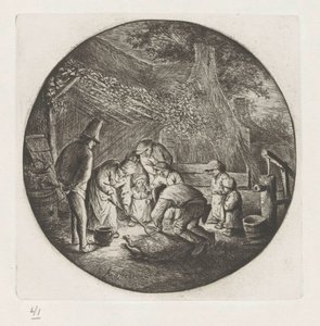 Bondefamilie ved slakting av en gris av Adriaen van Ostade
