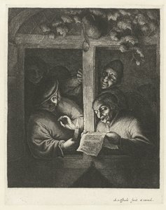 Tre menn synger fra et ark med levende lys i et åpent vindu De retorikere av Adriaen van Ostade