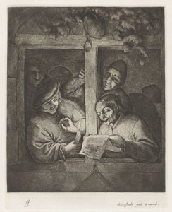 Tre menn synger fra et ark ved levende lys i et åpent vindu av Adriaen van Ostade