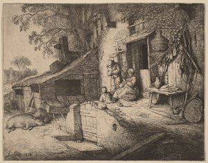 Gård med en bondefamilie utenfor inngangsdøren, kvinnen spinner av Adriaen van Ostade