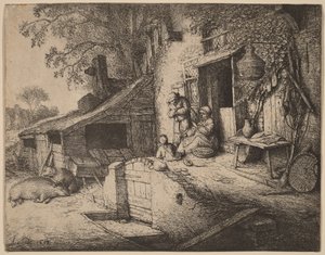 Gård med en bondefamilie utenfor inngangsdøren, kvinnen spinner av Adriaen van Ostade