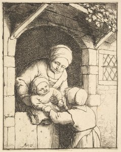 Liten jente leker med en baby i sin mors armer, 1610-85.