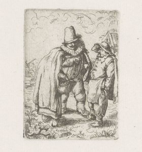 Mann med plissert krage med et bondepar av Adriaen van Ostade