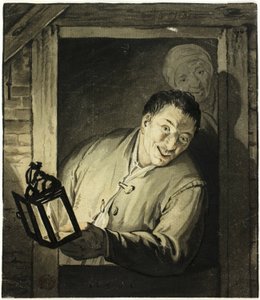 Mann med lykt i døråpning av Adriaen van Ostade
