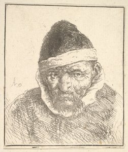 Gammel mann med hvit krage og spiss hatt av Adriaen van Ostade