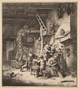 Bonde familie i et interiør med moren som mater et barn av Adriaen van Ostade