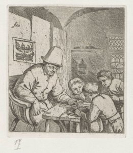 Skolemester med tre elever ved bordet av Adriaen van Ostade