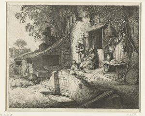 Spinnende kvinne foran et hus spinsteren av Adriaen van Ostade