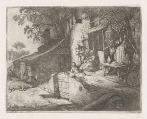 Kvinne spinner foran et hus av Adriaen van Ostade