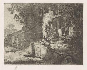 Kvinne spinner foran et hus