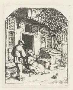 Spinster sitter på terskelen til et hus og snakker med en mann Spoleren ved døren til huset av Adriaen van Ostade