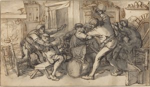 Bønder som kjemper i en taverna av Adriaen van Ostade and Cornelis Dusart