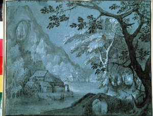 Landskap av et fjellvann med mølle (Landskap med mølle ved fjellvannet). Tegning av Adriaen Van Stalbemt (1580-1662). Grisaille på papir