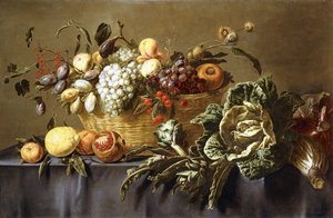En kurv med frukt på et drapert bord, ca. 1635