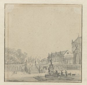 Forgård til et palass med en fontene av Adriaen van de Velde (possibly)