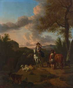 Et italiensk landskap med en mann og en kvinne på en hvit hest som spør en gjeter om veibeskrivelse