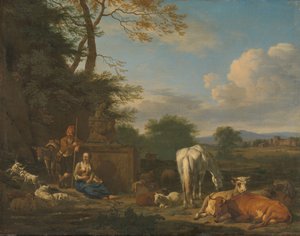 Arkadisk landskap med hvilende hyrder og dyr av Adriaen van de Velde