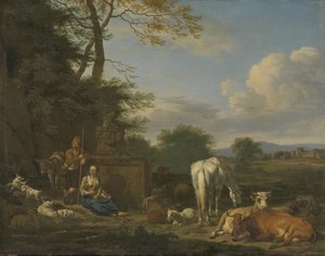 Arkadisk landskap med hvilende hyrder og dyr, 1664 (olje på lerret på panel) av Adriaen van de Velde