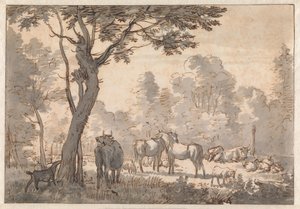 Tredekket landskap med hester, kyr og geiter av Adriaen van de Velde