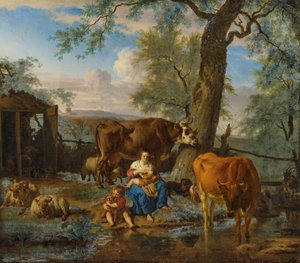 Kveg med ammende kvinne og barn som leker med en hund av Adriaen van de Velde