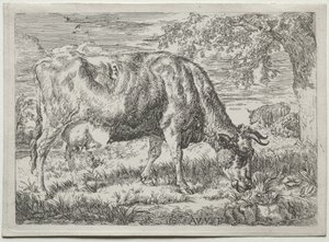 Ku og to sauer ved foten av et tre, 1670. av Adriaen van de Velde