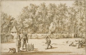 Tre menn som spiller kjegler av Adriaen van de Velde
