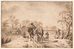 Høstlandskap med reisende og ferge av Adriaen van de Velde