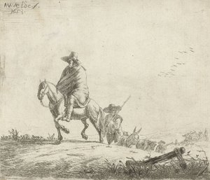 Rytter og gjeter med storfe på en grusvei, 1653