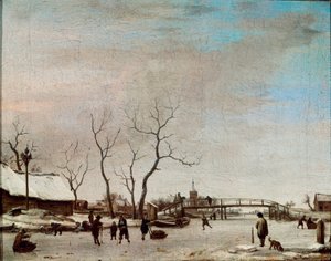Riviere Gelee med skatere Maleri av Adriaen Van de Velde le jeune (1636-1672) 1668 Dim. 23x30 cm Paris, Musée du Louvre av Adriaen van de Velde