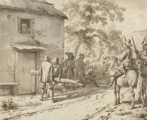 Soldater tvinger en dør, 1669 (penn- og blekktegning) av Adriaen van de Velde