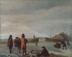 Vinterscene med en gruppe golfere på en frossen elv, ca. 1654-72 (olje på panel) av Adriaen van de Velde