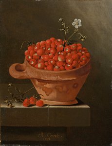 Stilleben med jordbær i en leirkrukke, 1704 av Adrian Coorte