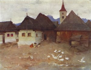 Tsjekkoslovakia: Vazsecz, en slovakisk landsby (farge litho) av Adrian Scott Stokes