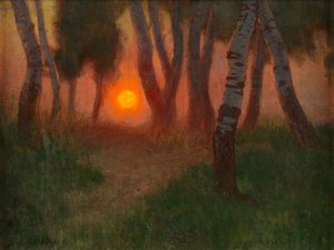 Solnedgang i et skogslandskap (olje på panel) av Adrian Scott Stokes