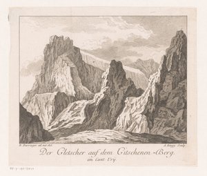Utsikt over en isbre i Alpene Der Gletscher auf dem Gitschenen-Berg (tittel på objekt)