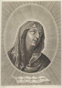 Jomfruens hode ser opp til høyre, i en oval ramme, etter Reni, ca. 1..., ca. 1650-67. av Adrian van Melar