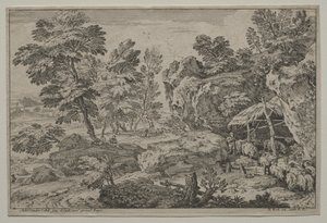 Landskap med hyrder og to flokker av Adrian van der Cabel